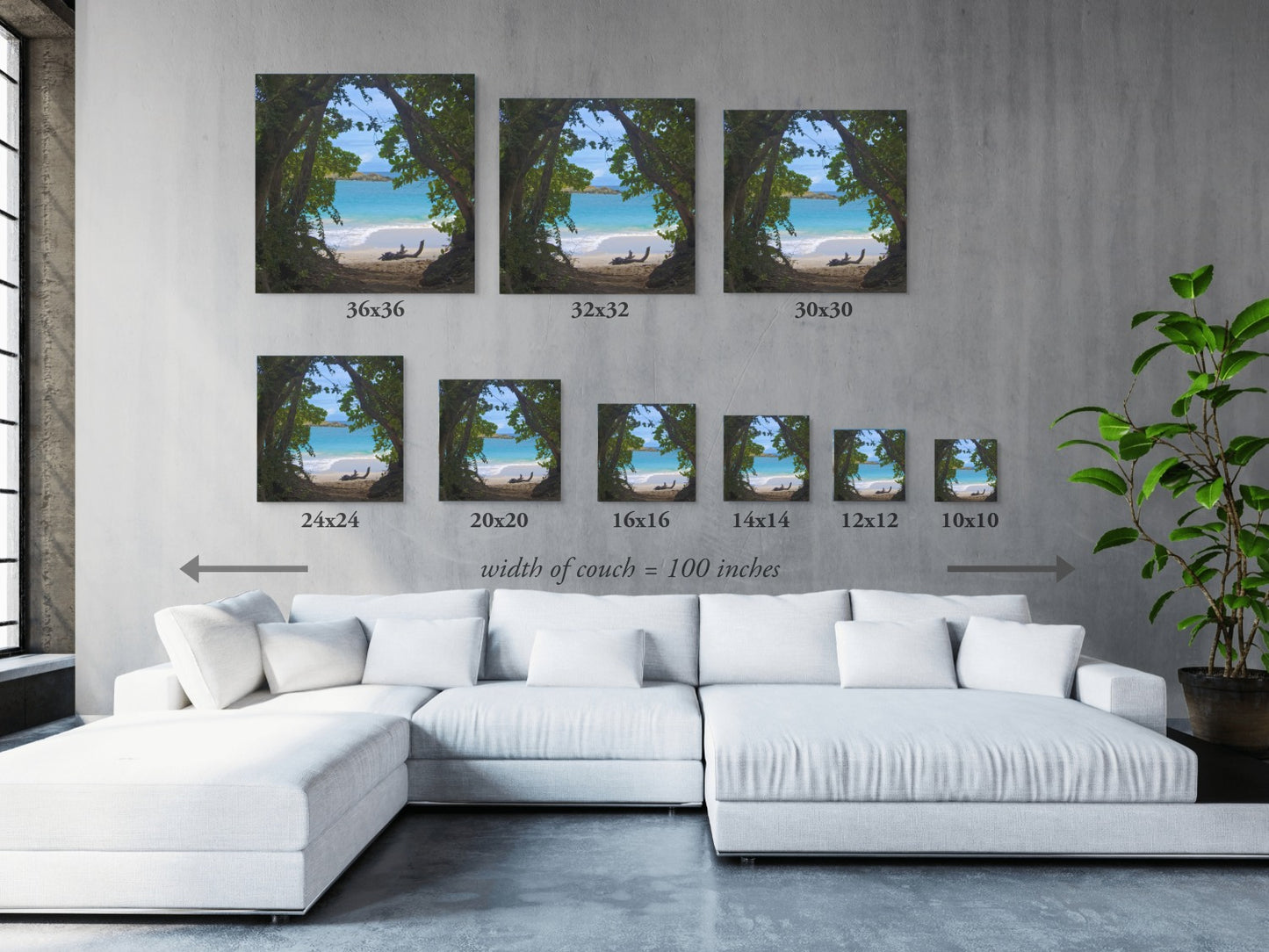 White sectional sofa with decorative wall art displaying a tropical beach view through trees Hawaiian island canvas print, showing various sizes.