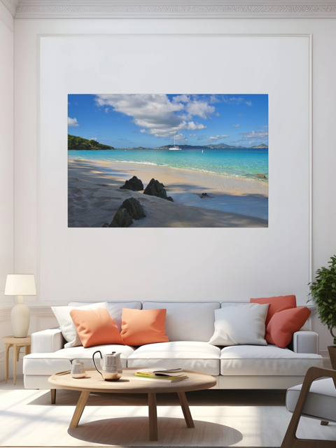 Living room with a canvas print of a tropical beach scene on the wall above a white sofa with colorful cushions.