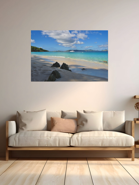 A canvas print of a tropical beach scene on a wall above a sofa with cushions.