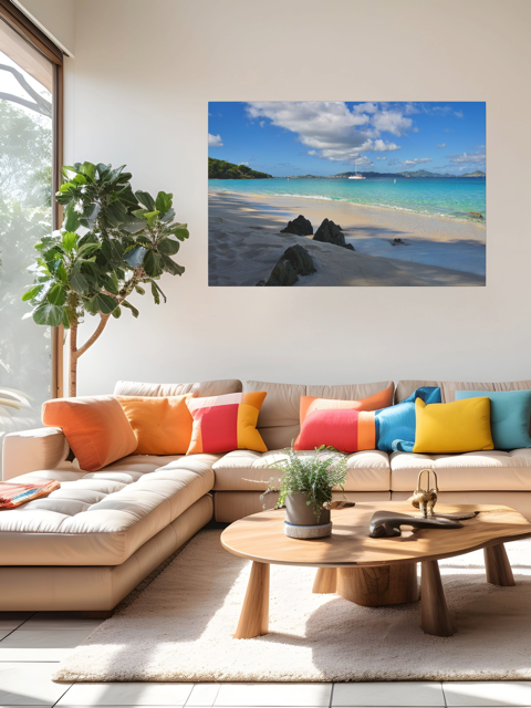 Modern living room with a sectional sofa, colorful pillows, and a canvas print of a tropical beach scene on the wall.