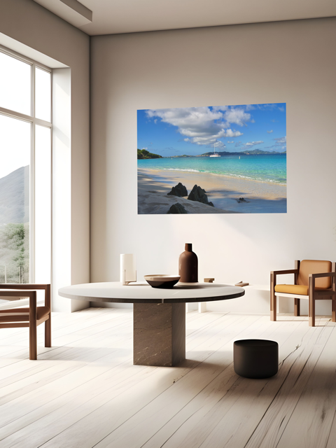 Modern interior with a canvas print of a tropical beach scene on the wall