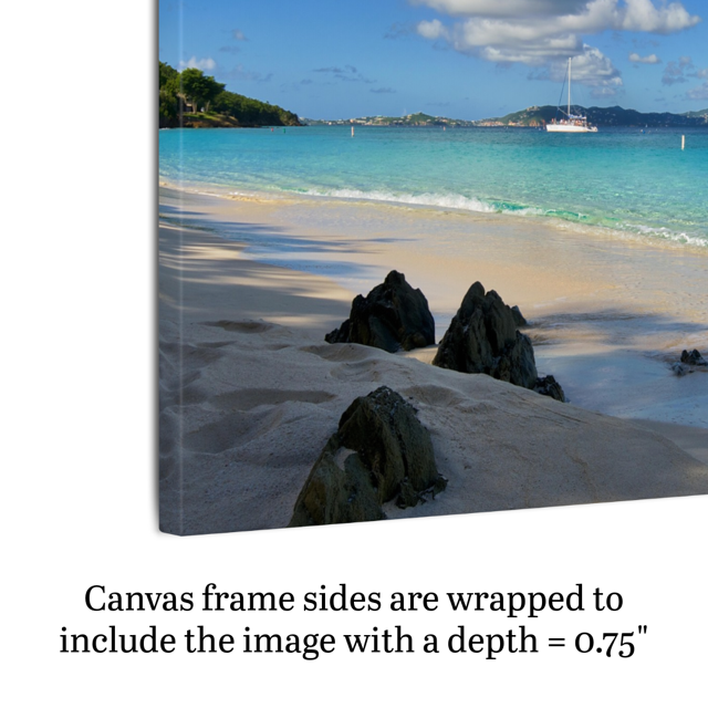 Side view of a canvas print of a tropical beach scene with text indicating frame depth.