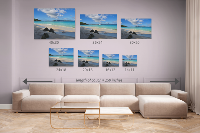 Beige sectional sofa with wall art displaying beach scenes and measurements.