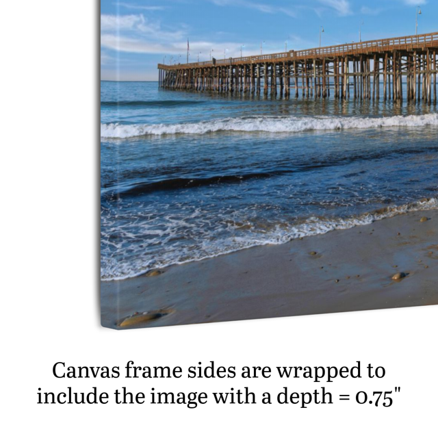 A canvas print of Ventura Pier shown on an angle to highlight side framing and depth.