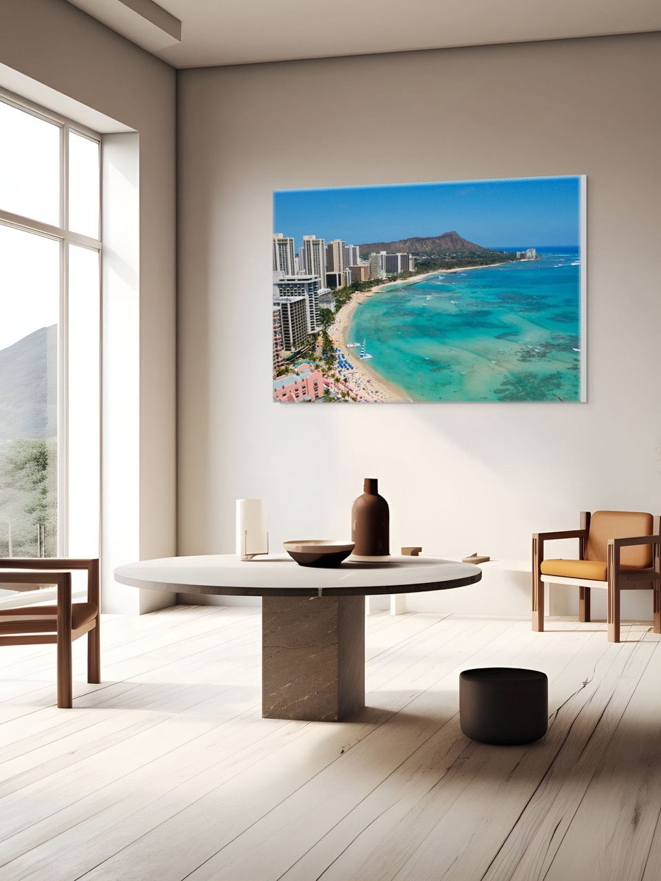 Modern living room with a large canvas print of an overhead view of the beach and hotels on Waikiki Beach in Hawaii with Diamond Head in the background.