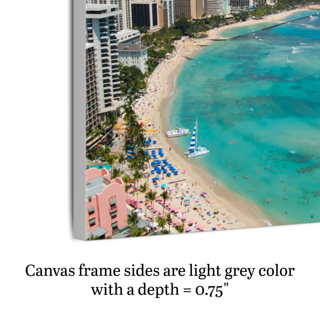 Canvas print of an overhead view of the beach and hotels on Waikiki Beach in Hawaii with Diamond Head in the background shown on an angle to highlight side framing and depth.