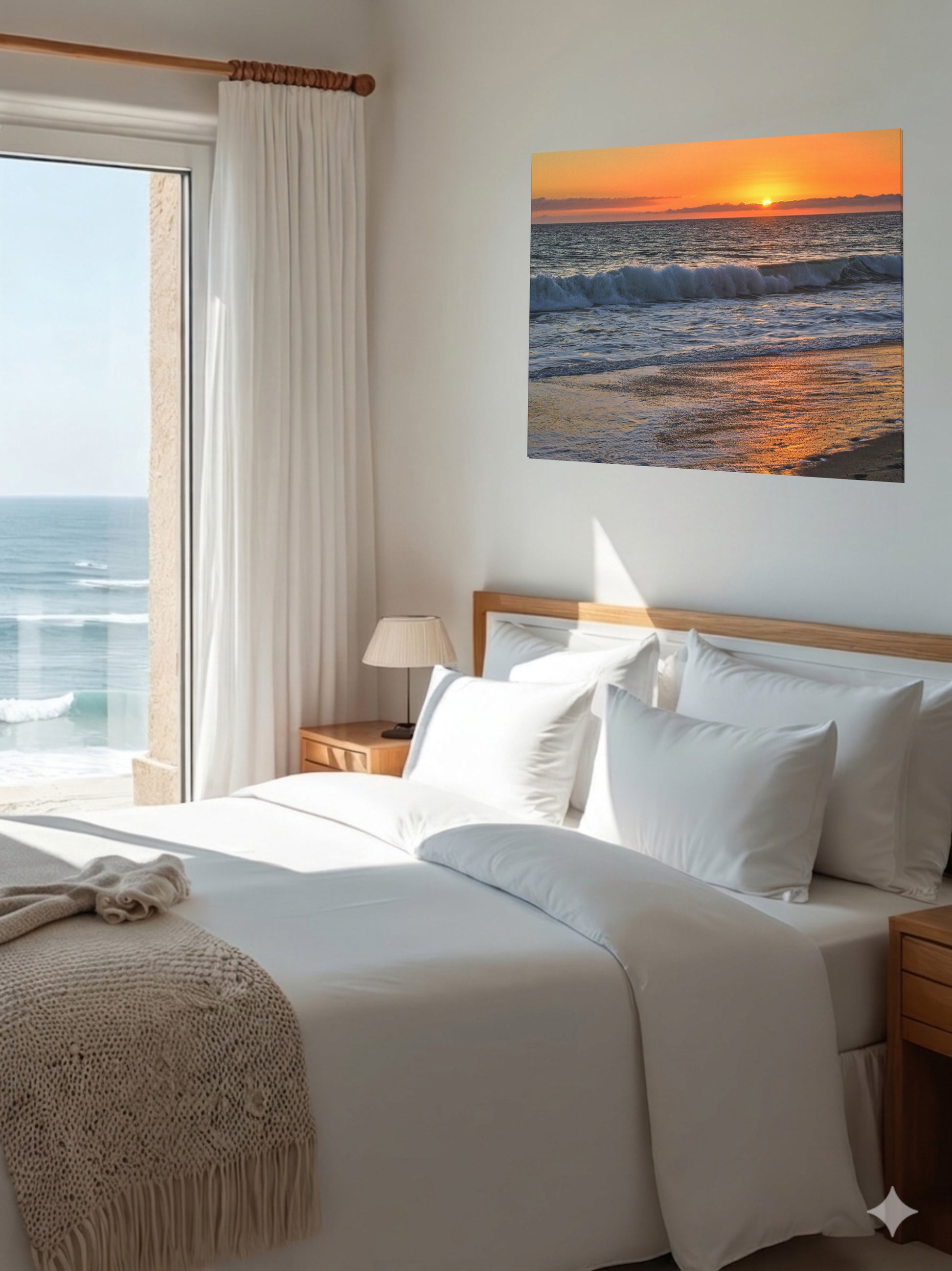 Bedroom with a large bed, ocean view, and a canvas print of a Zuma Beach sunset in Malibu California with golden sky and reflective sand