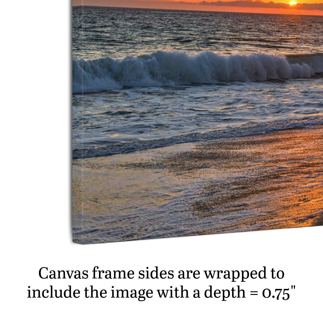 Side view of a canvas print of a Zuma Beach sunset in Malibu California with golden sky and reflective sand with text indicating frame depth.