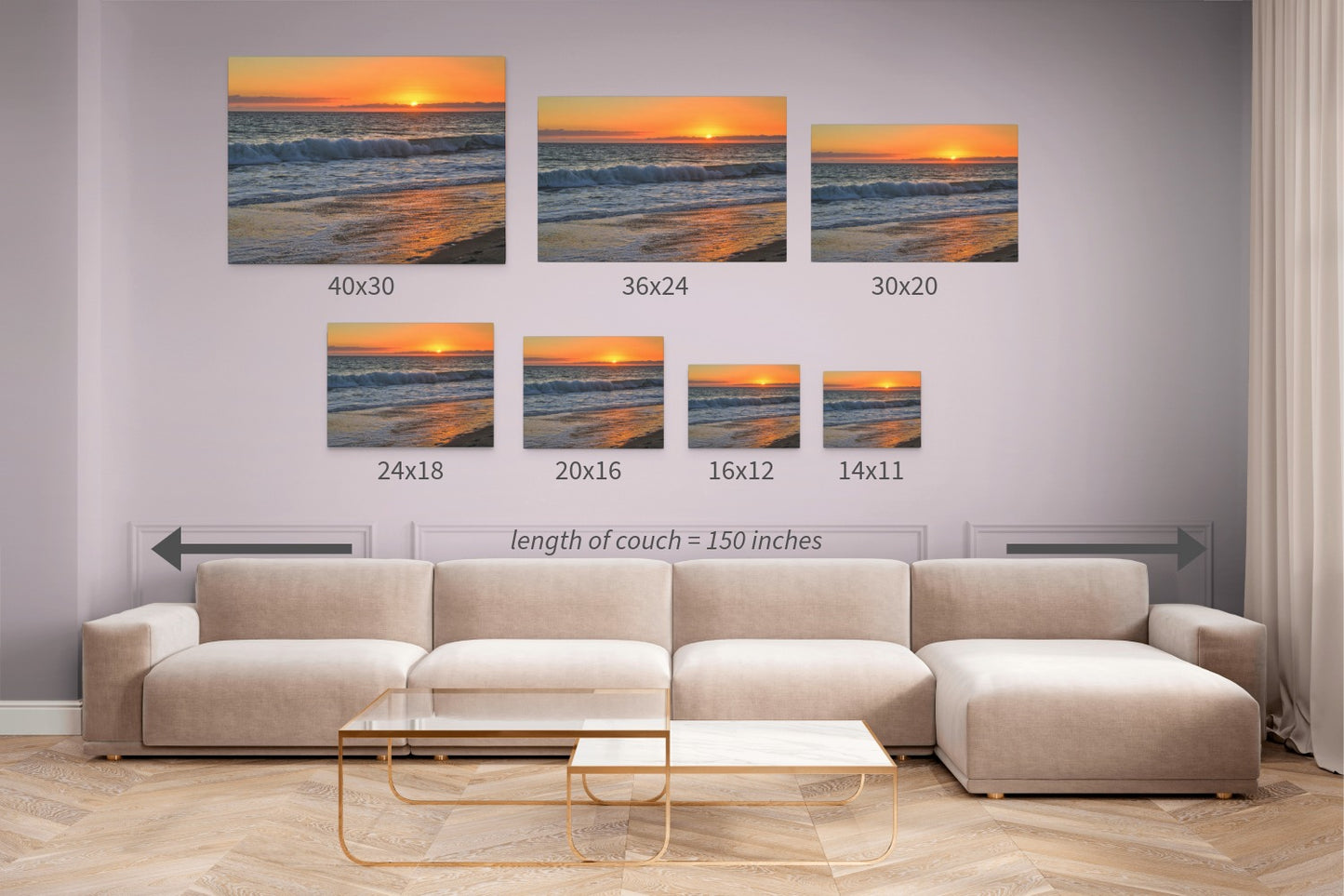 Living room with a beige sectional sofa and various sizes of a canvas print of a Zuma Beach sunset in Malibu California with golden sky and reflective sand.